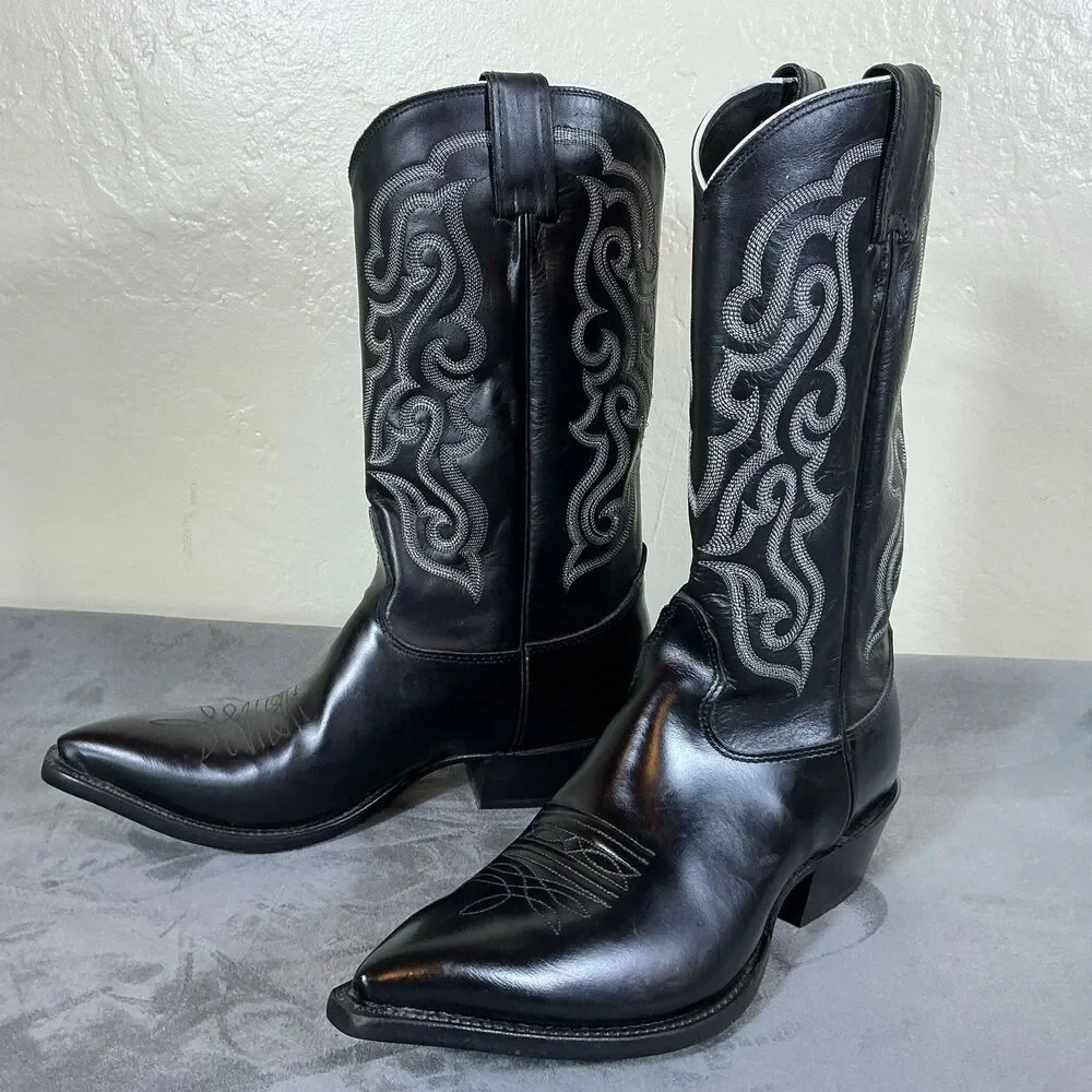 Nocona Snip Toe 9.5 D Black Cowboy Boots Men’s Western Silver Swirl